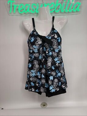 Black & Light Blue Floral Paisley Women’s Swim suit Tankini Set New in bag